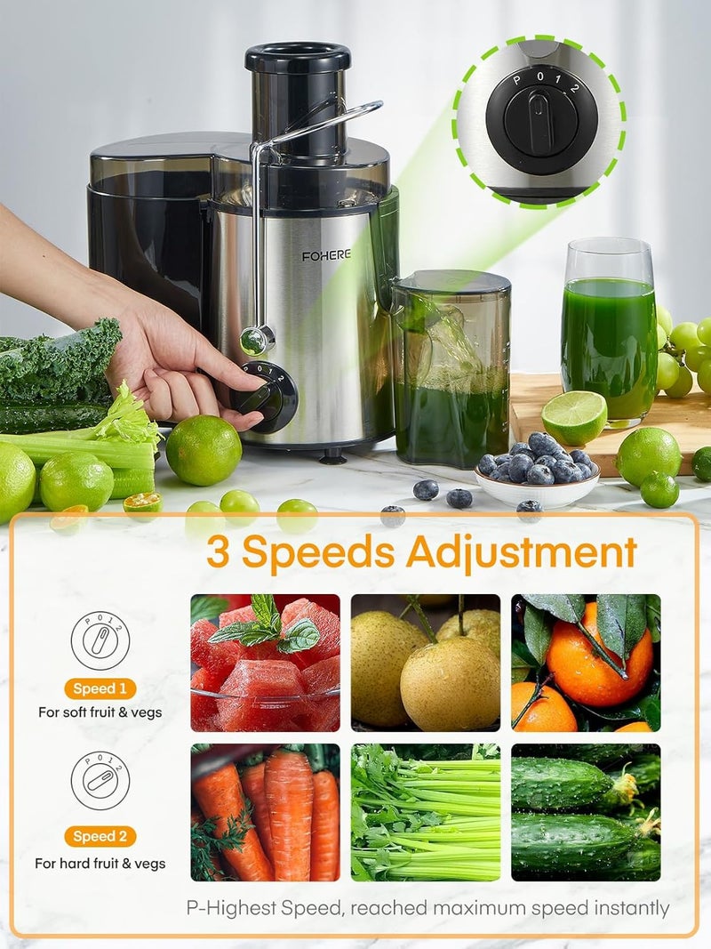 FOHERE Juicer Machines, 600W Centrifugal Juicer with Wide Mouth 3” Feed Chute for Whole Vegetable and Fruit with 3-Speed Setting, Easy to Clean, BPA Free, High Yield Juice, Juice Recipe Included - Image 2